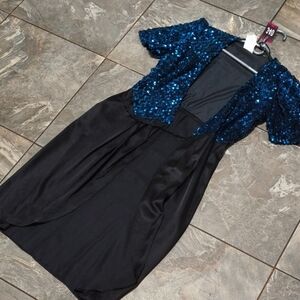 Blue Sequin and Black Wrap Dress